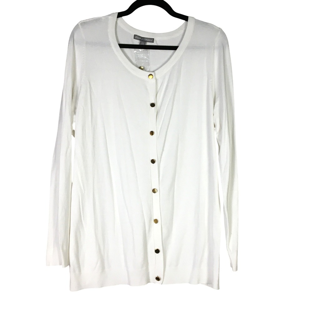 Jessica London Womens Cardigan Sweater White Gold Buttons Long Sleeve Size 14 16
